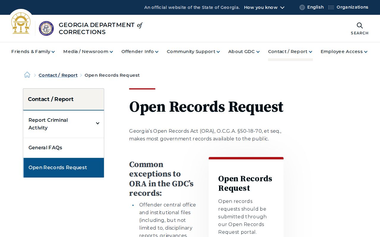 Georgia Department of Corrections open-records request route for offender records