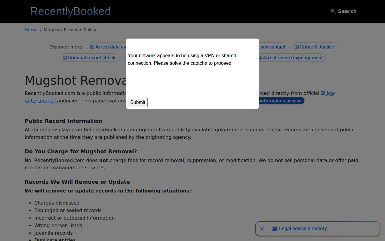 RecentlyBooked policy page describing free record removal and updates