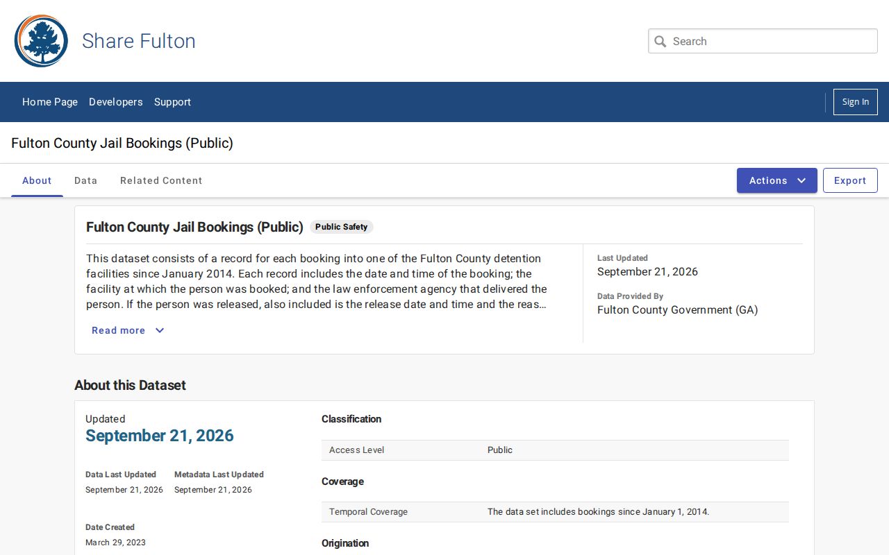 Fulton County public booking dataset and historical record fields