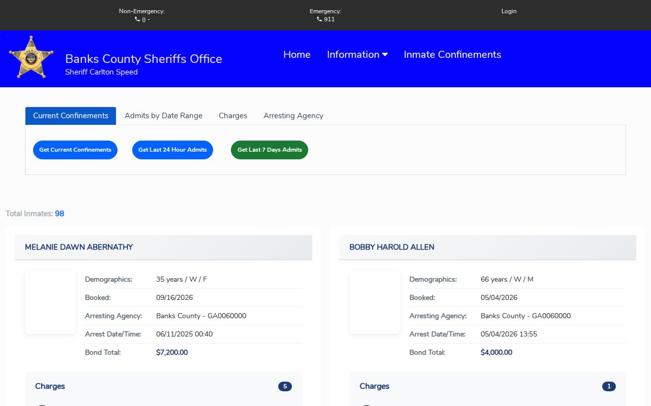 Banks County photo-bearing booking search with current, recent, and date-range views