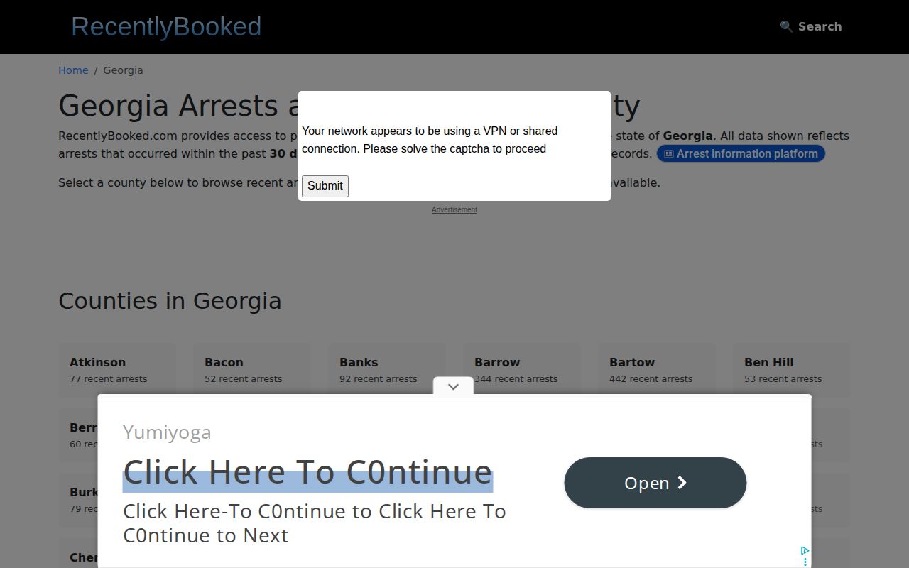 RecentlyBooked Georgia secondary booking index with county sections