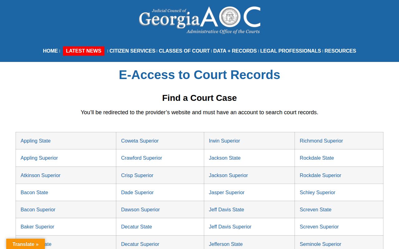 Georgia Courts E-Access portal for court records and dispositions